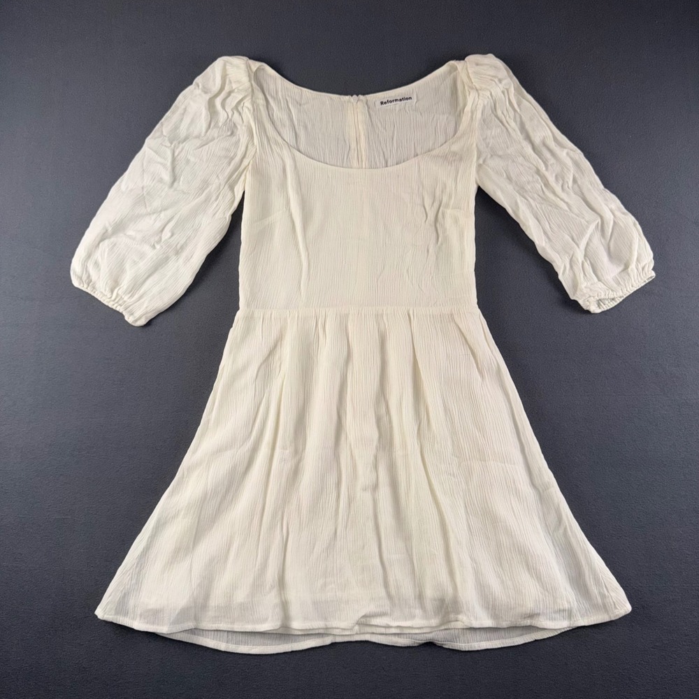 Reformation White Crinkle Puff Sleeve Square Neck Mini Dress Size 0